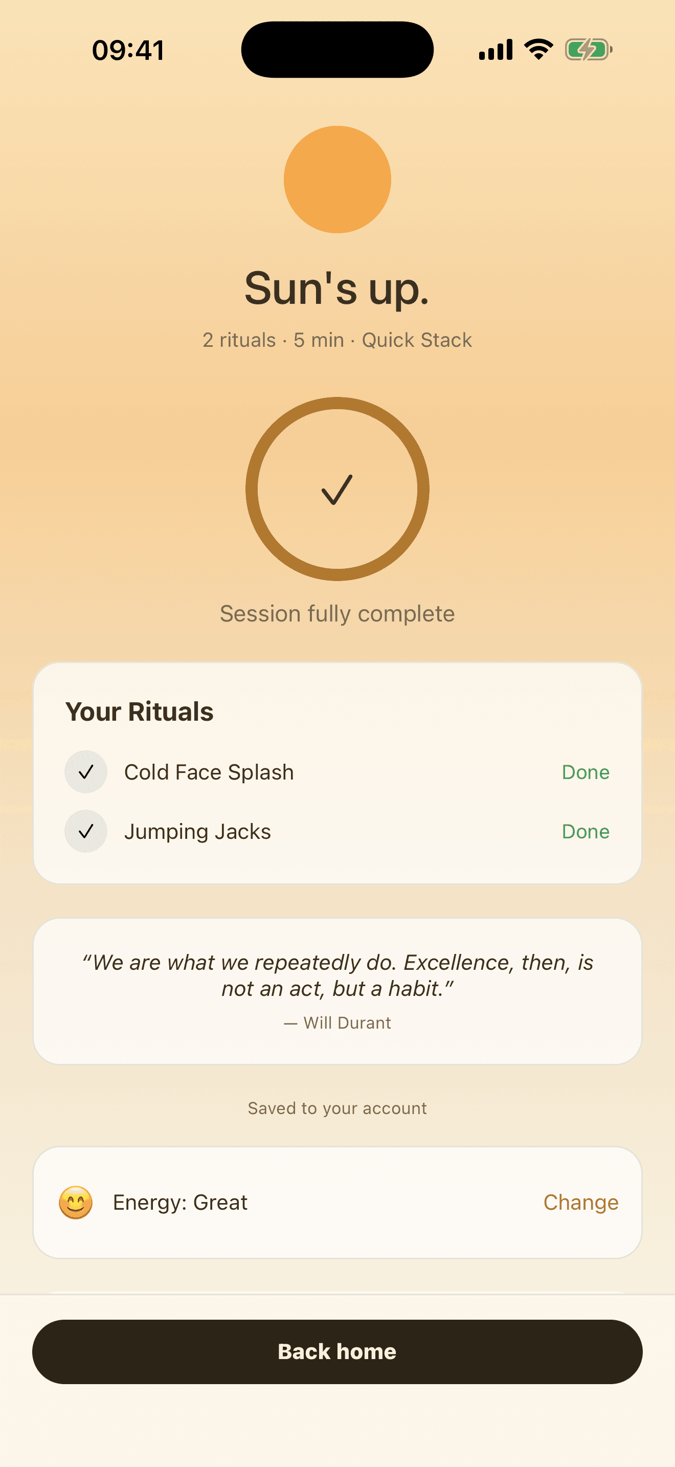 A completed Rest+Rise routine with a calm summary