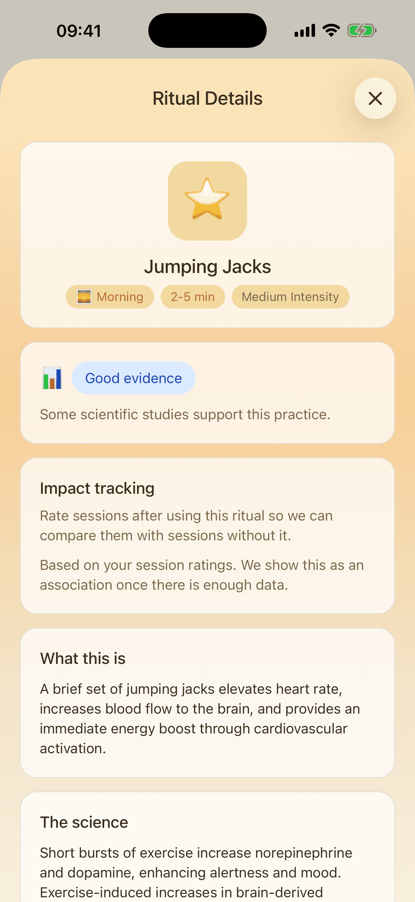 Rest+Rise evidence screen explaining the support behind a practice