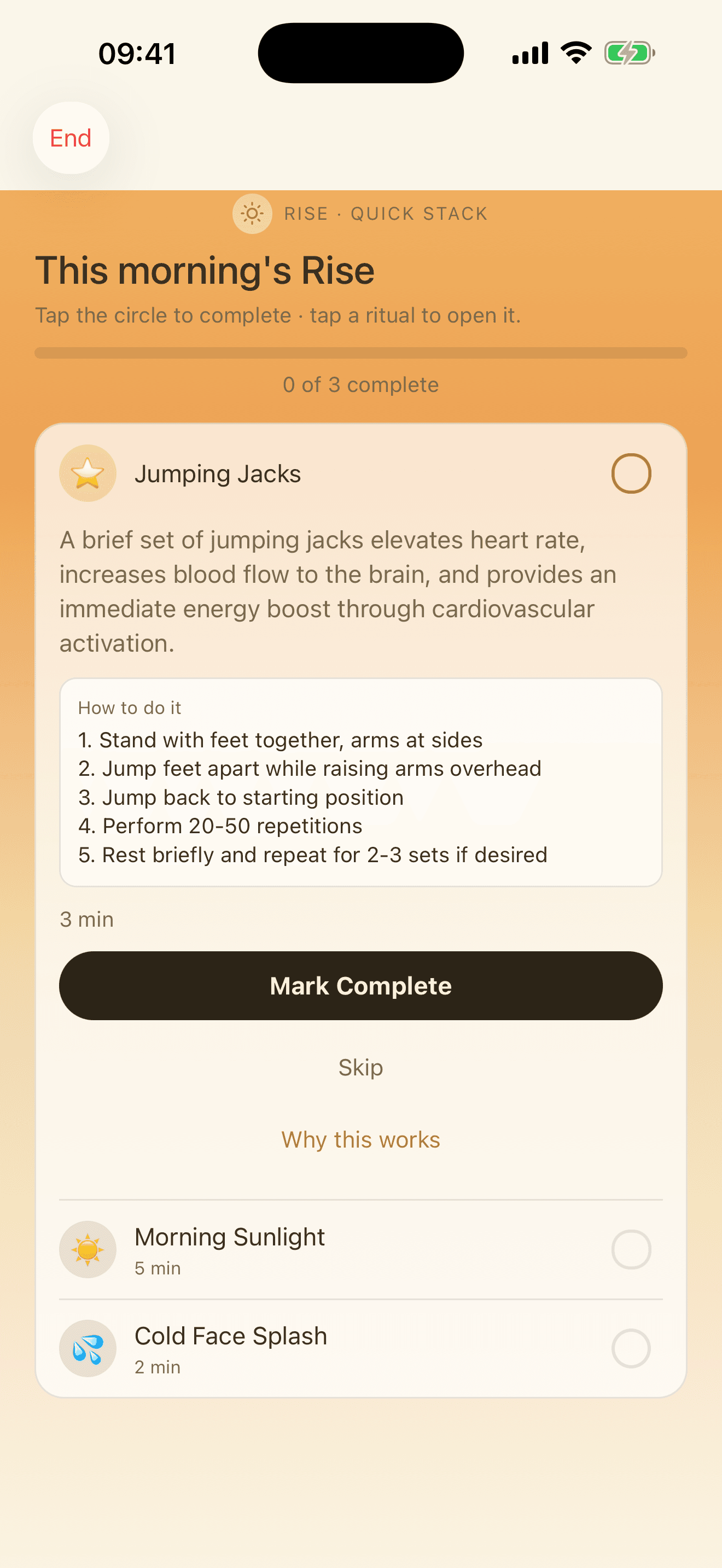 A guided Rest+Rise breathing session with timer and controls