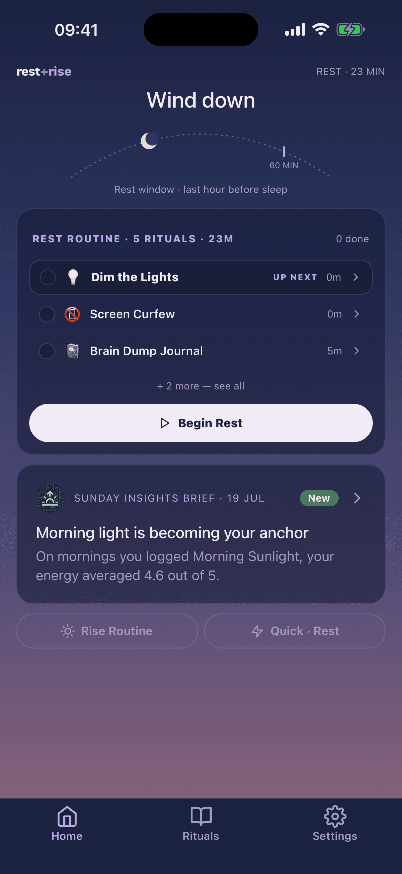 Rest+Rise evening home screen with a personalised Rest routine