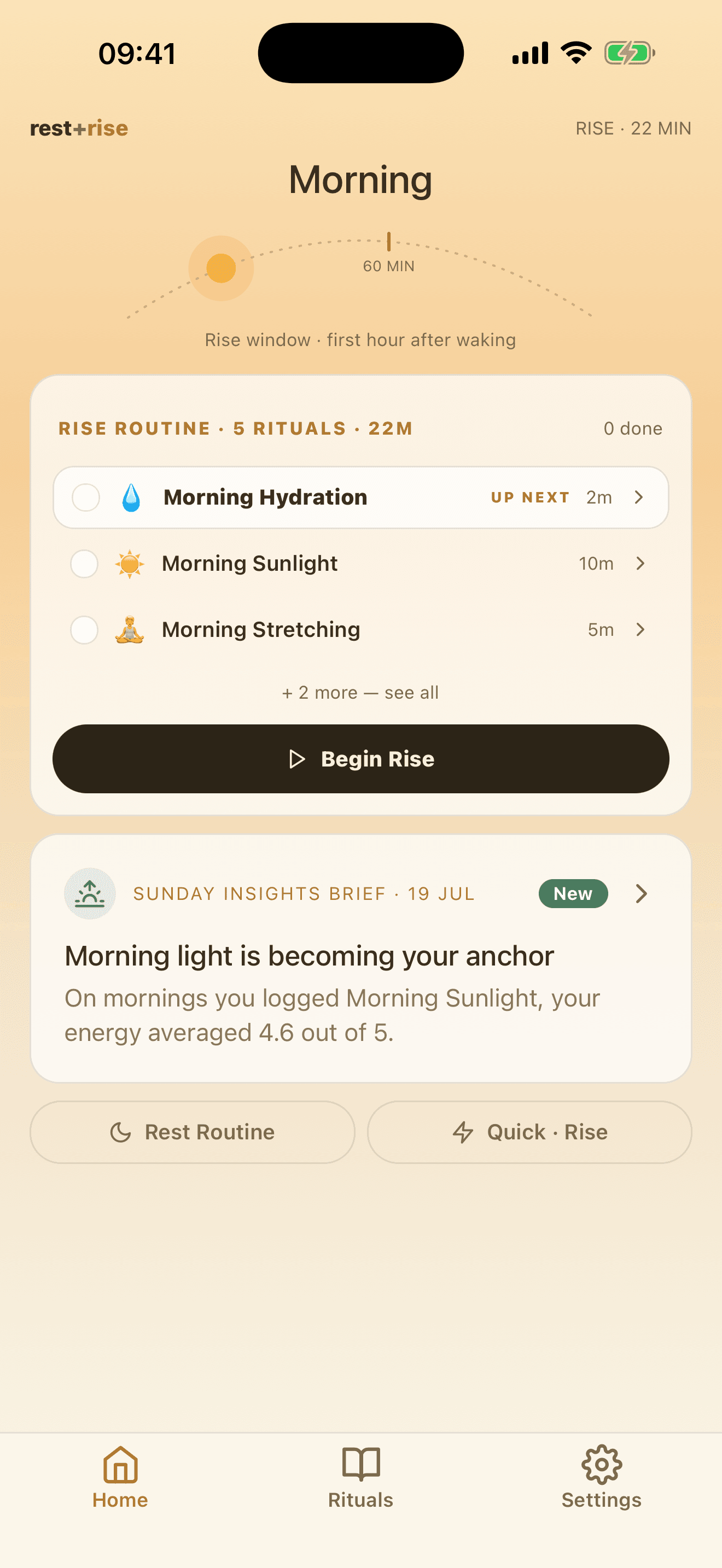 Rest+Rise morning home screen with a personalised Rise routine