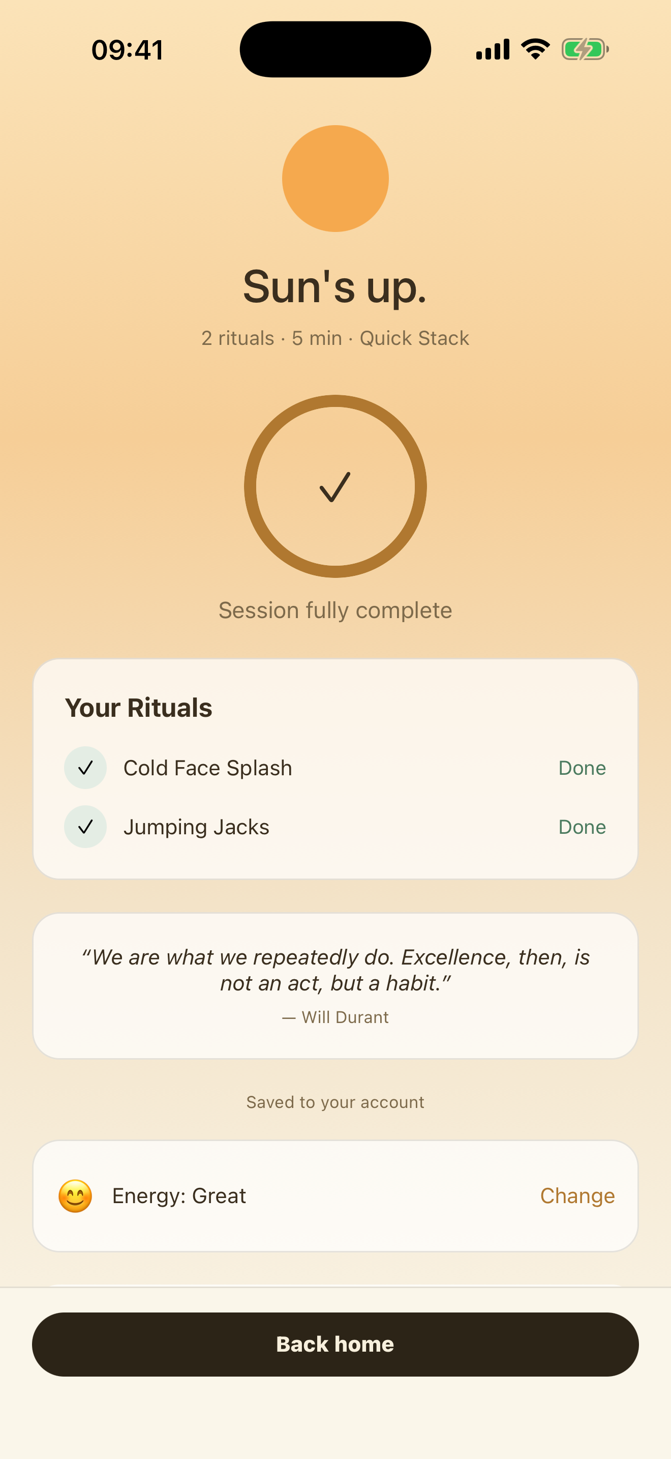 A completed Rest+Rise routine with a calm summary