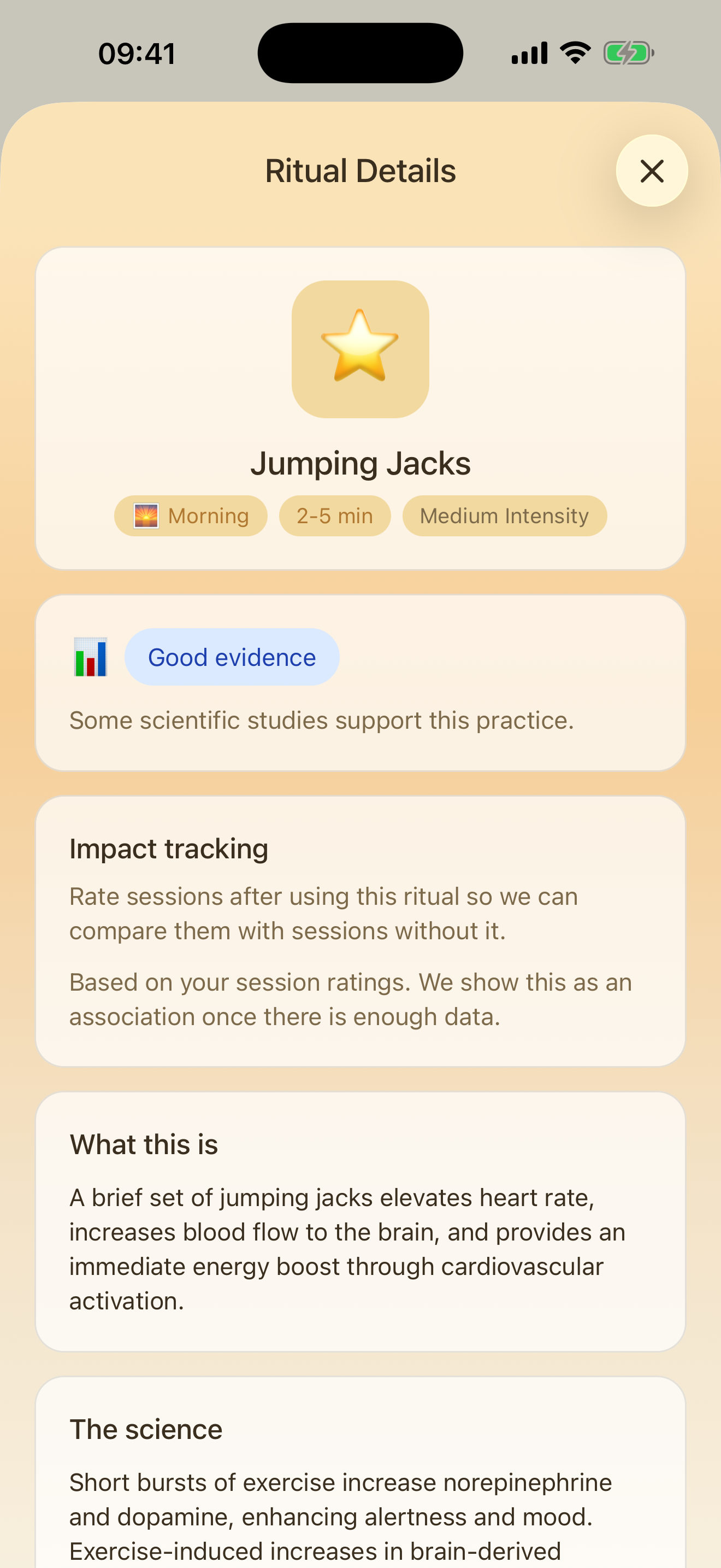 Rest+Rise evidence screen explaining the support behind a practice