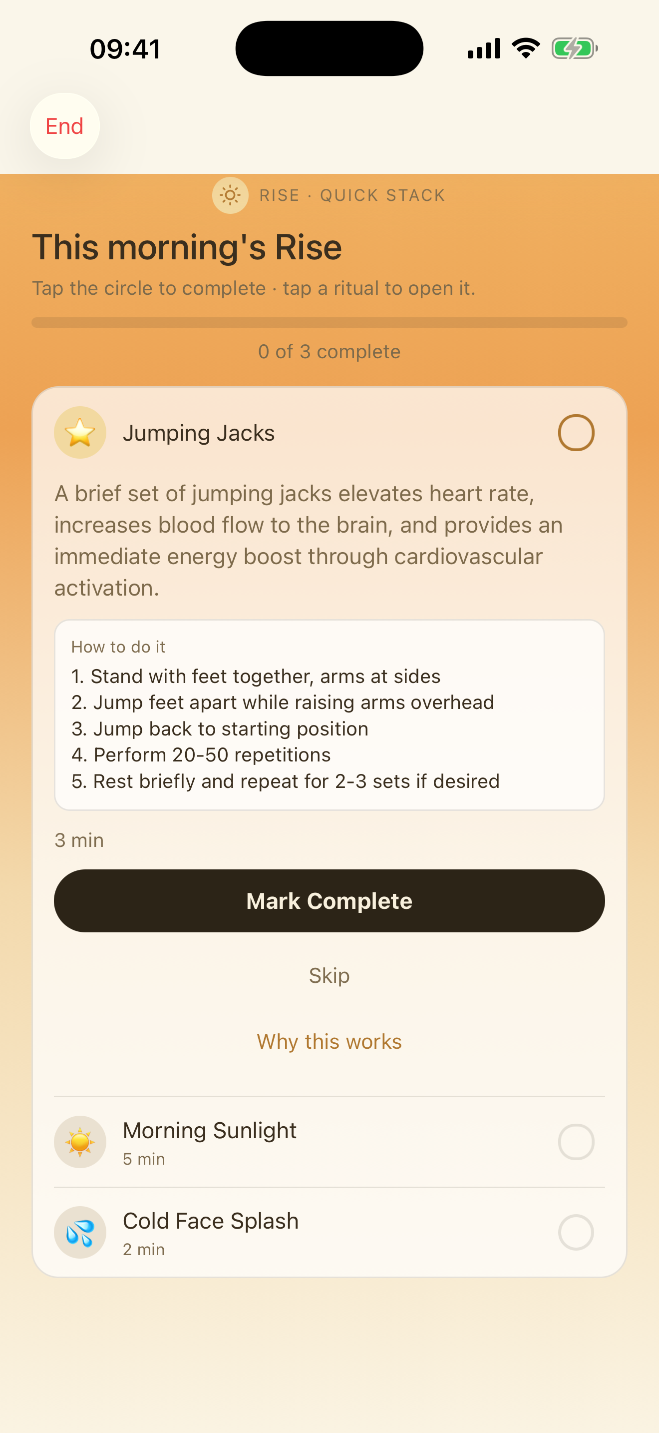 A guided Rest+Rise breathing session with checklist controls