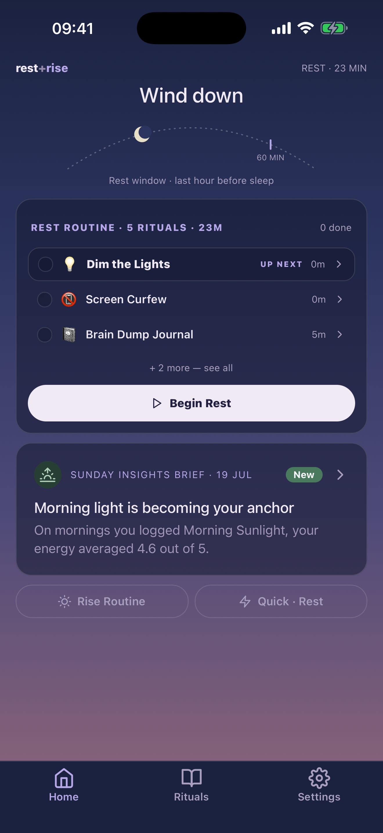Rest+Rise evening home screen with a personalised Rest routine