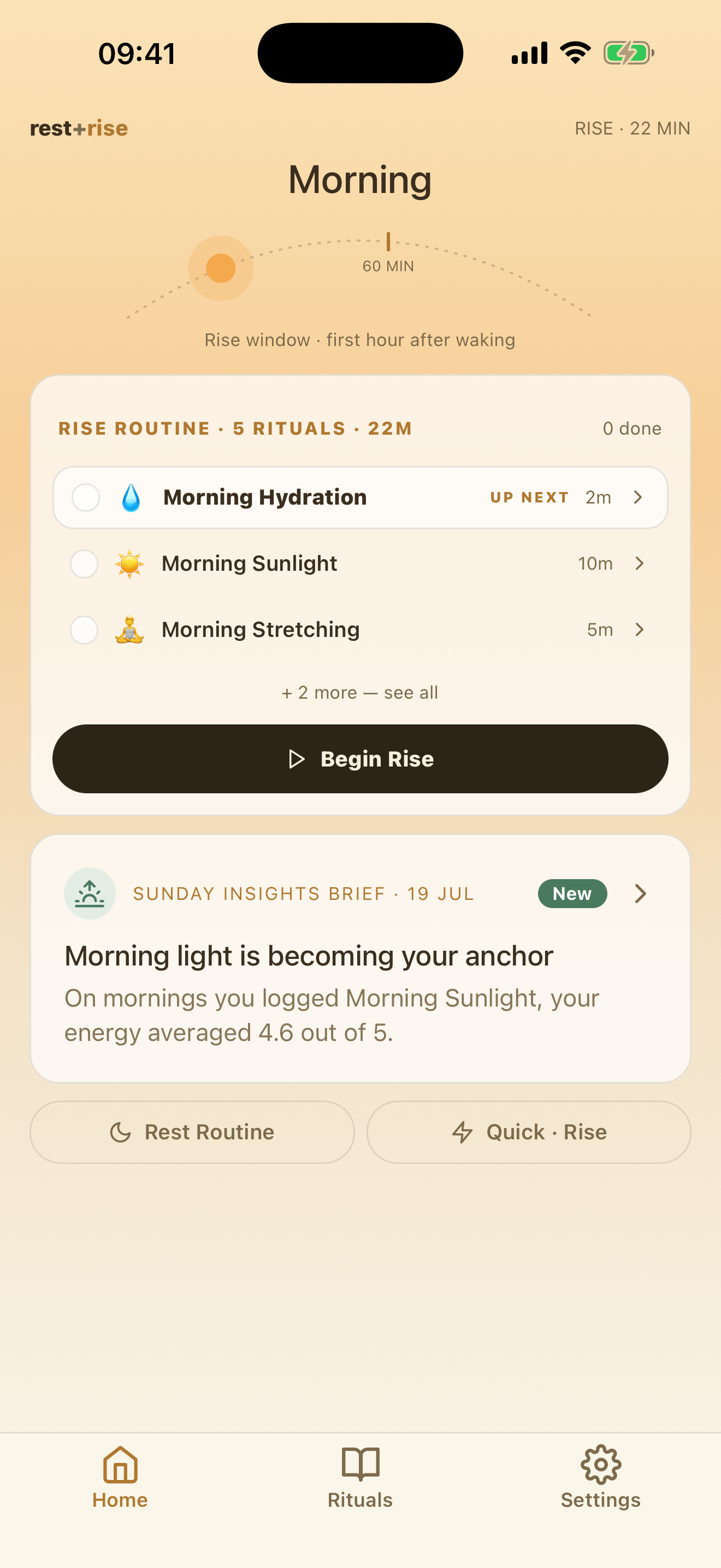 Rest+Rise morning home screen with a personalised Rise routine