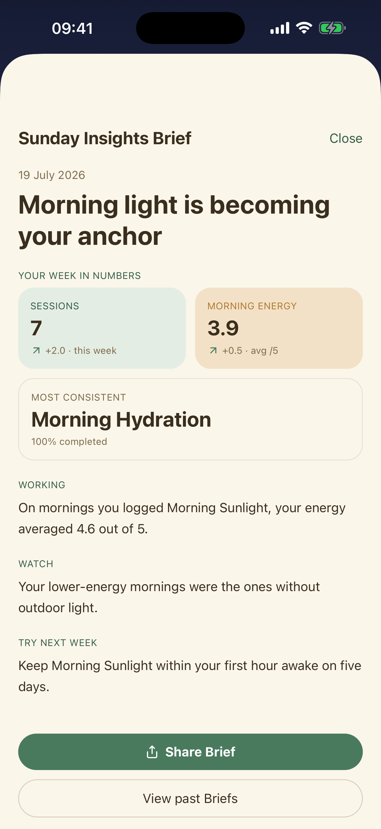 Rest+Rise Insights screen with a personalised Sunday Brief