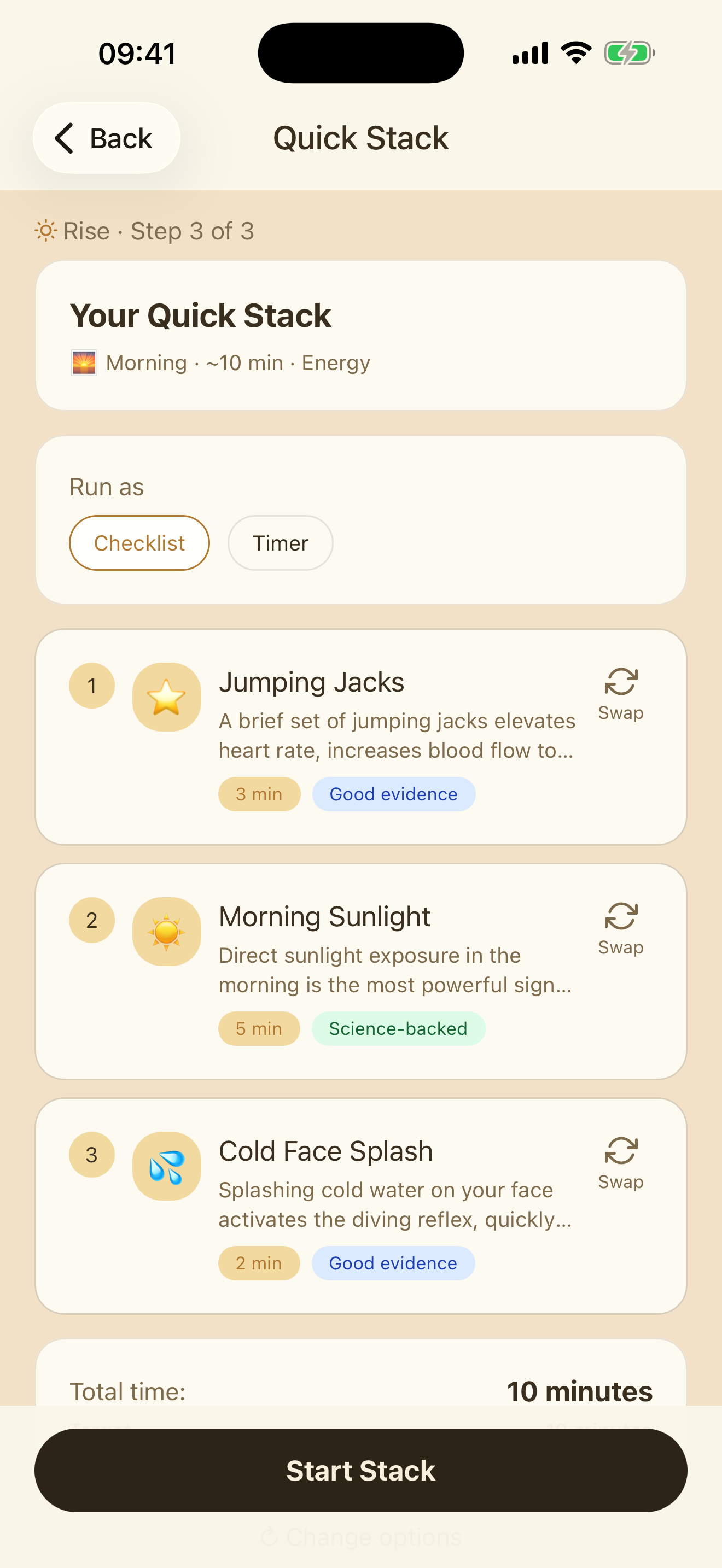 Rest+Rise Quick Plan showing a 20-minute morning routine