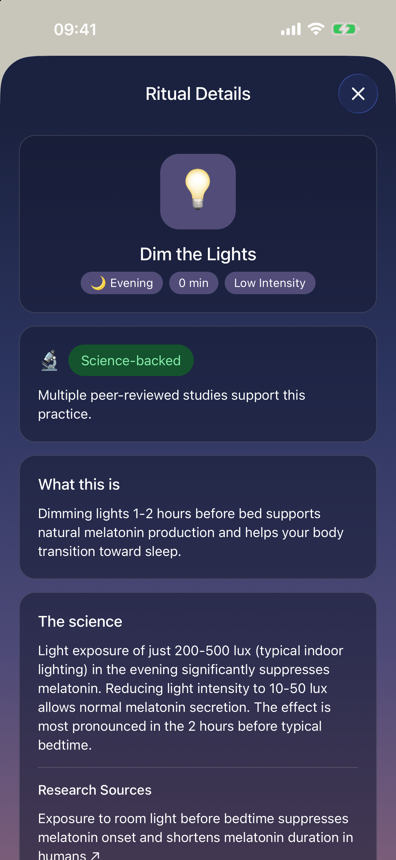 Rest+Rise evidence screen explaining the support behind a practice