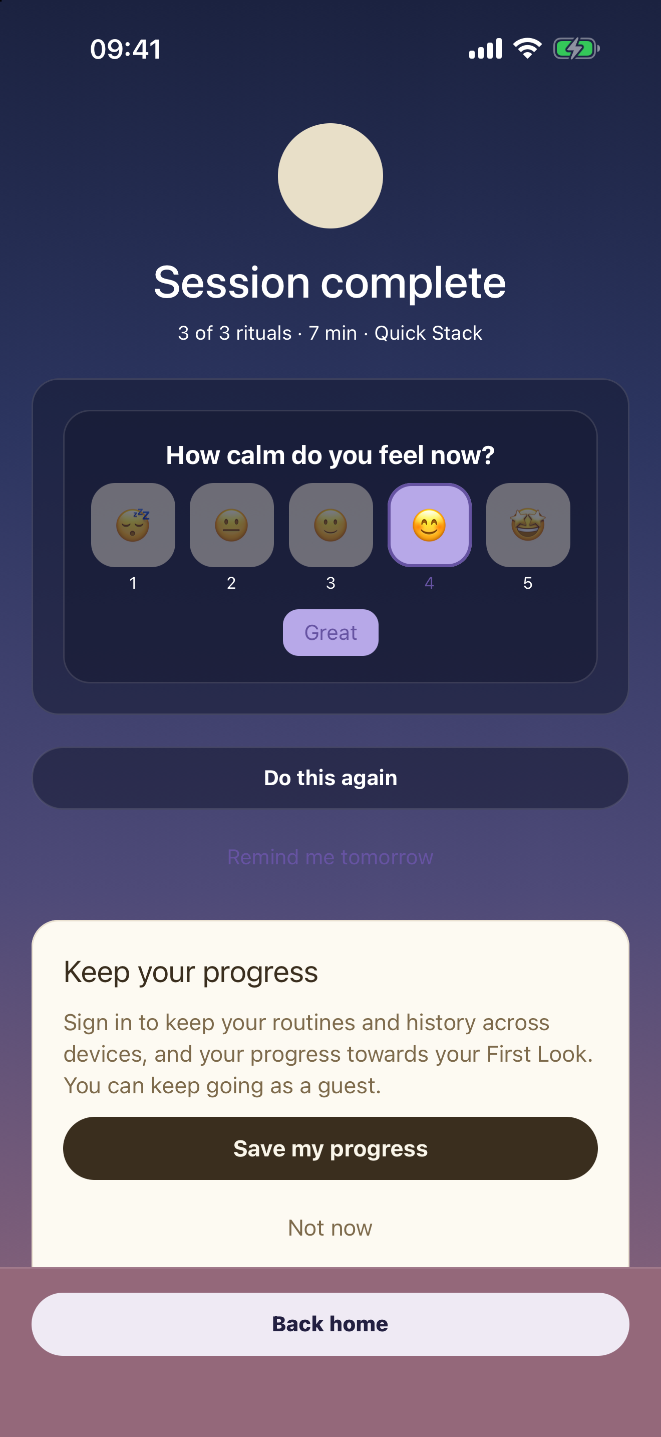 A completed Rest+Rise routine with a calm summary